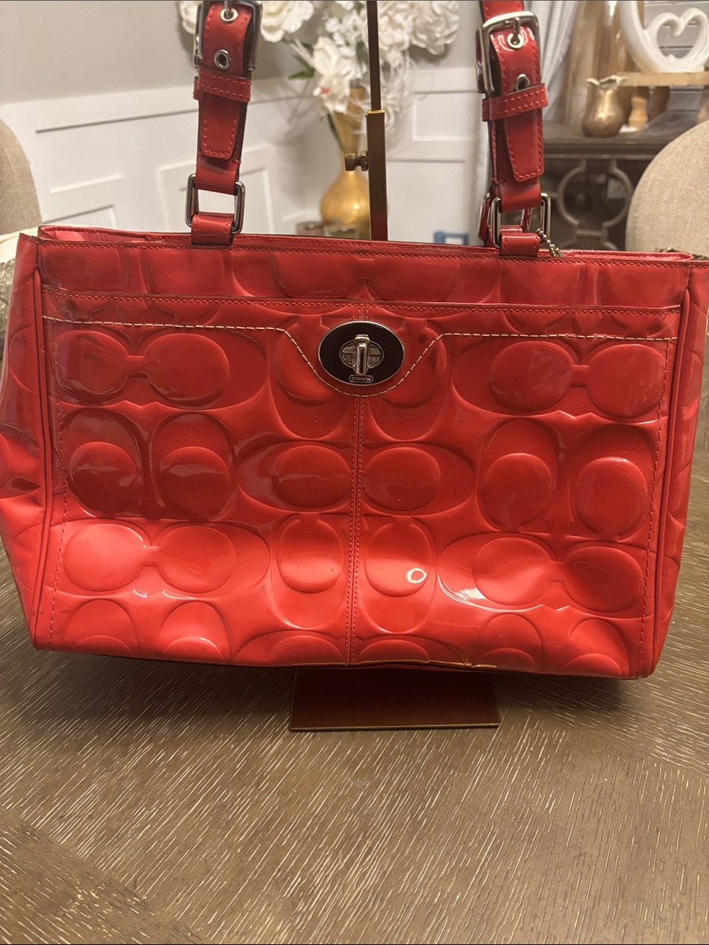 Coach Hampton Satchel Patent Leather Embossed Signature Shoulder Tote
